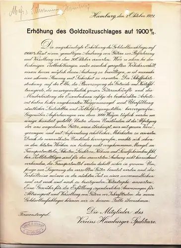 Dokument Erhöhung Goldzollzuschlag 1921 Verein Hamburger Spediteure 