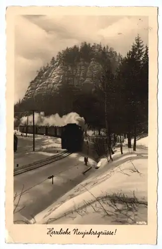 Ak Herzliche Neujahrsgrüße Zittauer Gebirge im Winter Kurort Oybin 1955