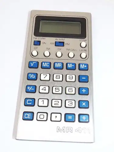 Alter DDR  MR411 Taschenrechner mit Etui und Bedienungsanleitung