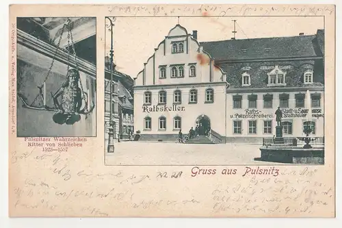 Litho Ak Gruss aus Pulsnitz in Sachsen Wahrzeichen Ritter von Schlieben