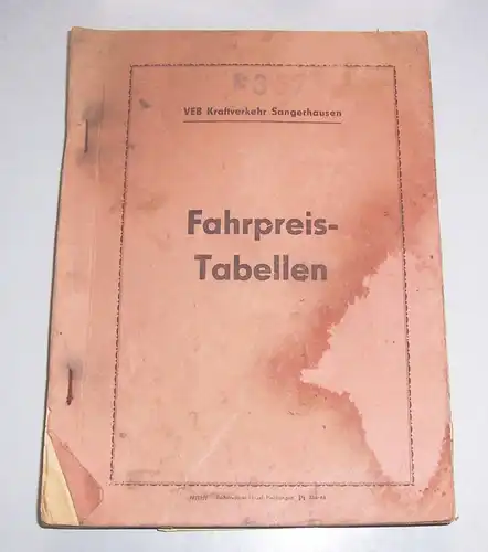 VEB Kraftverkehr Sangerhausen Fahrpreistabellen um 1950 