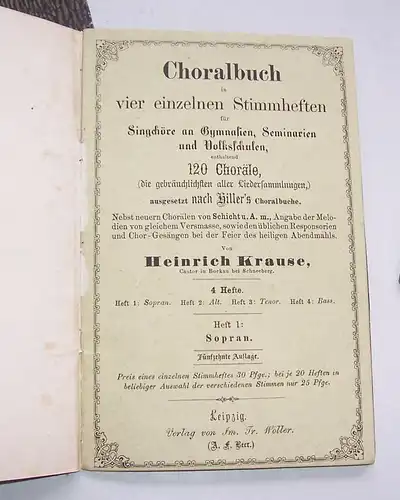 4 Stimmhefte Choralbuch Gesänge Lieder Heinrich Krause um 1870er 80er top