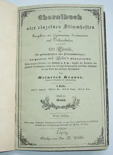 4 Stimmhefte Choralbuch Gesänge Lieder Heinrich Krause um 1870er 80er top