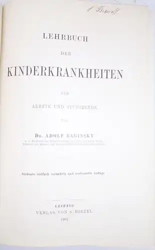 Adolf Baginsky Lehrbuch der Kinderkrankheiten 1902 Medizin Buch