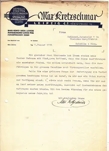 Dokument Briefkopf Max Kretzschmar geprägte Etiketten Siegelmarken Leipzig (D1