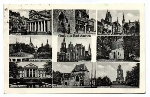 Ak Gruß aus Bad Aachen Stadttheater Rathaus Dom