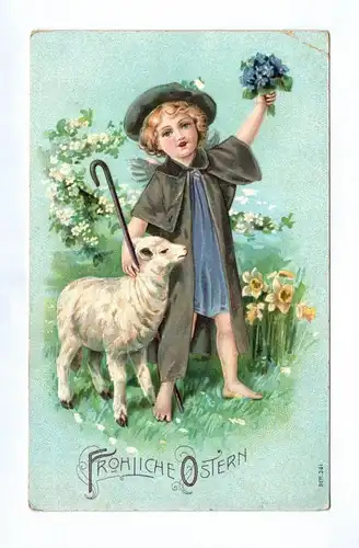 Ak Fröhliche Ostern Kind mit Schaf