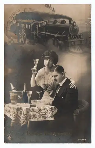 Ak Herzliche Neujahresgrüße Eisenbahn Mann und Frau