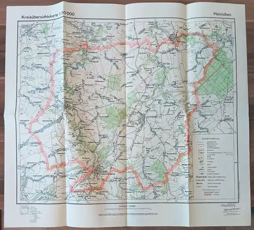 Alte Landkarte Hainichen 64 x 58 cm 1954 DDR Karte Sachsen