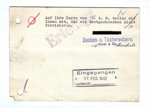 Decken und Tücherweberei Ittner & Co Rheydt Drucksache 1942