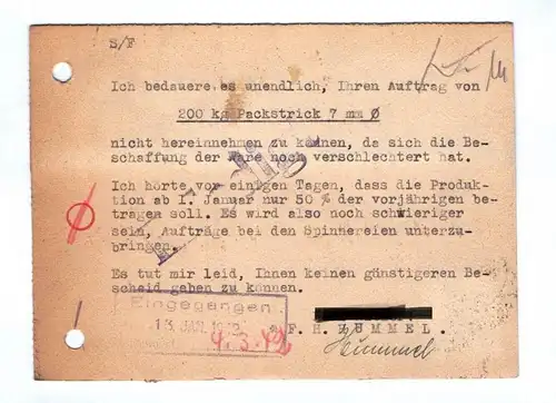 Drucksache Seilerwaren Großhandlung 1942