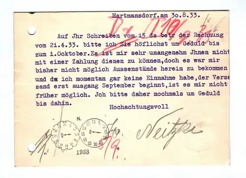 Drucksache Hermann Neitzke Gastenbaubetrieb Versandgärtnerei Hartmannsdorf 1933