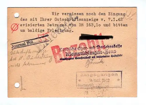 Drucksache Ländliche Spar und Darlehnskasse Kleinmühlingen 1942
