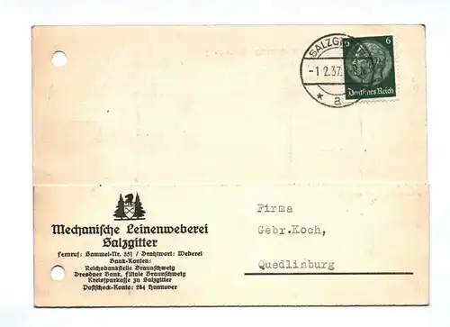 Drucksache Mechanische Leinenweberei Salzgitter 1937