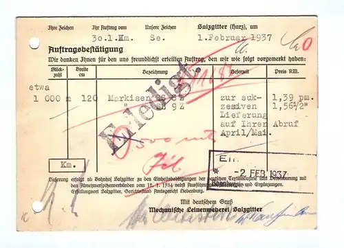 Drucksache Mechanische Leinenweberei Salzgitter 1937