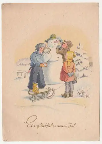 Ak Kinder bauen Schneemann Neujahr Gruss 1953 Neubert Karl-Marx-Stadt (A2944