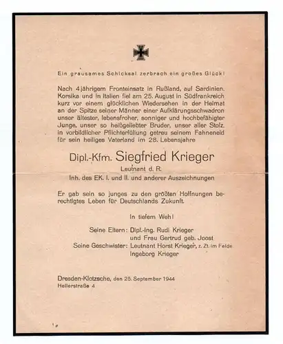 Sterbe Brief Leutnant der Reserve Ek I II  1944 Aufklärer Schwadron