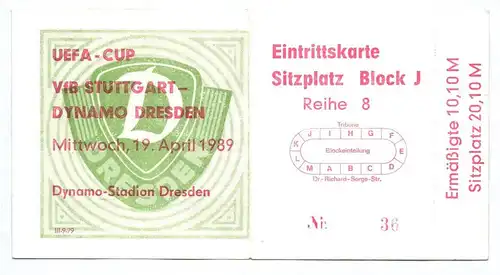 Eintrittskarte Uefa Cup VfB Stuttgart gegen Dynamo Dresden 1989 Fussball