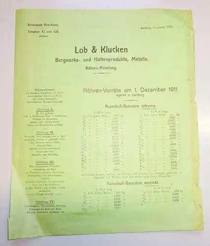 Werbe Prospekt Lob & Klucken Duisburg Bergwerk Hüttenprodukte Röhren 1911 (D8