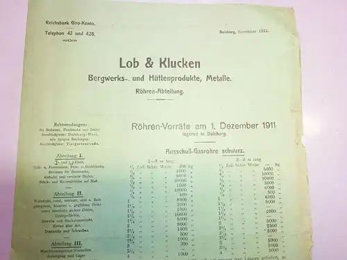 Werbe Prospekt Lob & Klucken Duisburg Bergwerk Hüttenprodukte Röhren 1911 (D8