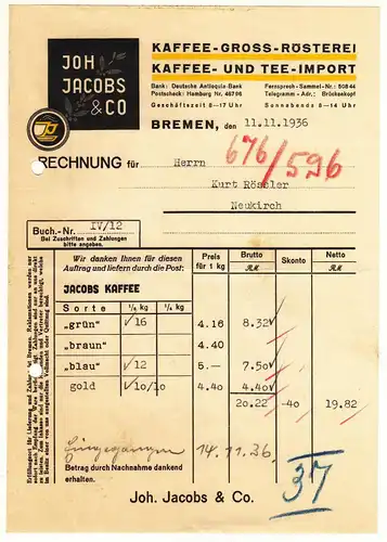Werbe Rechnung Jacobs & Co Kaffee Gross Rösterei Bremen 1936 ! (D8
