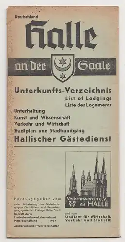Prospekt Halle an der Saale Unterkunfts Verzeichnis 1937 ! (H2