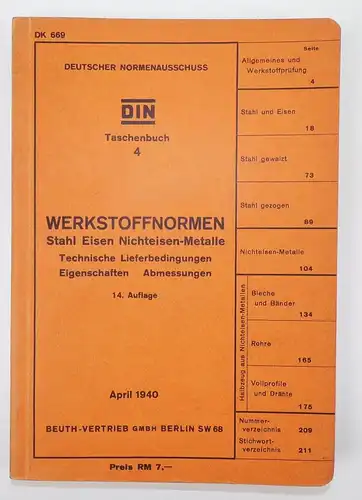 Werkstoffnormen Stahl Eisen Nichteisen Metalle 1940 DIN Buch