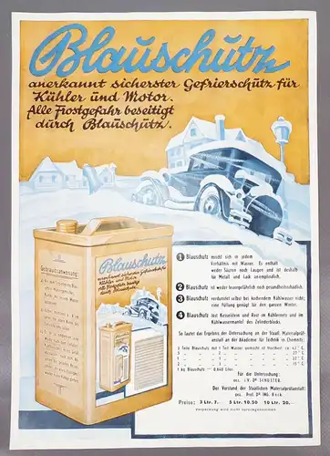 Druck Automobil Blauschutz Gefrierschutz 1930er Oldtimer Print Reklame