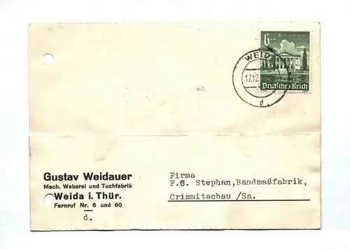 Firmenkarte 1940 Gustav Weidauer Mechanische Weberei Weida Thüringen