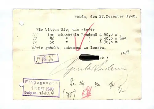 Firmenkarte 1940 Gustav Weidauer Mechanische Weberei Weida Thüringen