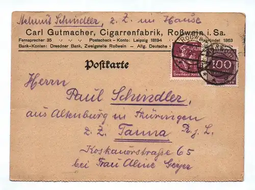 Brief Carl Gutmacher Cigarrenfabrik Roßwein Sachsen 1923