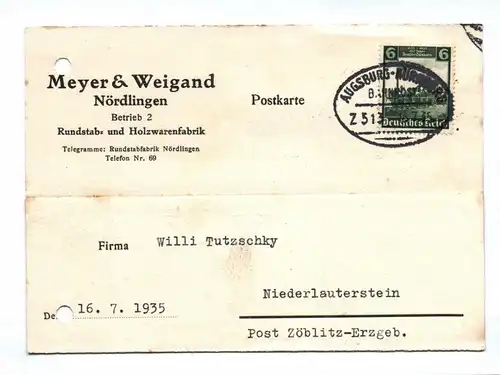 Poskarte Meyer u Weigand Nördlingen Betrieb Rundstab und Holzwarenfabrik 1935