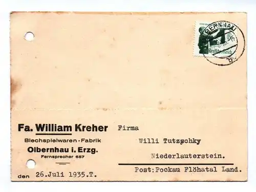 Firmenkarte William Kreher Blechspielwaren Fabrik 1935 Olbernau 1935 Spielzeug