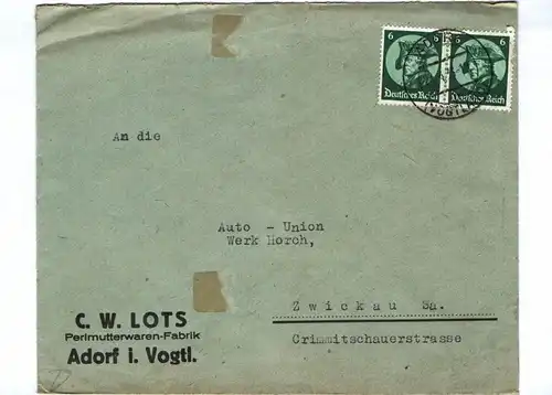 Brief C. W. Lots Perlmutterwaren Fabrik Adorfim Vogtland 1933