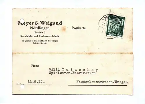 Postkarte Meyer u Weigand Nördlingen Betrieb 2 Rundstab und Holzwarenfabrik 1935