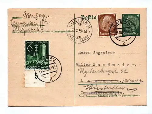 Ganzsache 1939 Ilmenau Luzern Danzig Briefmarke Mischfrankatur