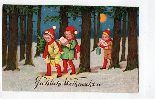 Künstler Ak Kinder wandern durch Winterwald Weihnachten Mond 1928