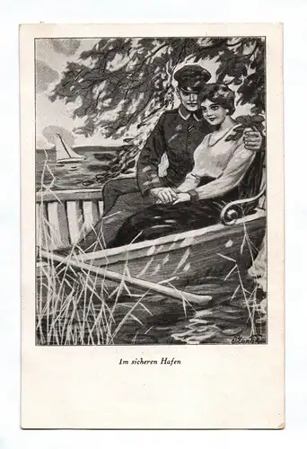Künstler Ak Plantikow 1916 Im sicheren Hafen Soldat und Frau im Boot