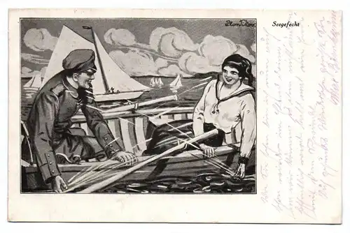 Künstler Ak Plantikow 1916 Seegefecht Frau und Soldat im Boot
