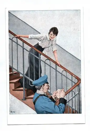 Künstler Ak Wernerberg 1916 Postmann mit Frau an Treppe Der Feldpostbrief