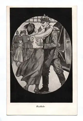 Künstler Ak Plantikow 1916 Rückkehr Soldat mit Frau in den Armen