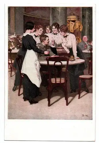 Künstler Ak Wernerberg 1917 Soldat mit Frauen am Tisch