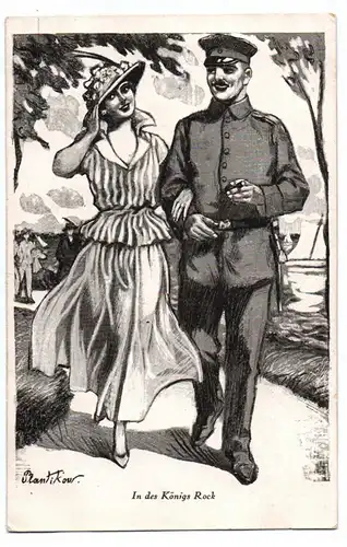 Künstler Ak Plantikow 1916 In des Königs Rock Sparziergang Soldat mit Frau