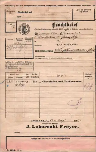 Frachtbrief Zittau nach Seifhennersdorf Sächsische Staatsbahn 1915 Marke