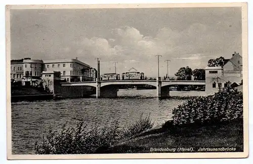 Ak Brandenburg Havel Jahrtausendbrücke Strassenbahn 1938