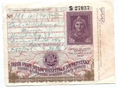 Irland Lotterie Los 1937 Irish free state hospitals sweepstake ticket