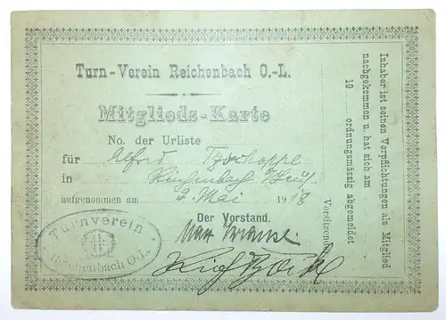 Mitgliedskarte Turnverein Reichenbach Oberlausitz 1918 Ausweis