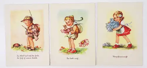 3 x Künstler Ak Kinder Motivkarten Vergißmeinnicht Käfer Blumen Tracht 1940er