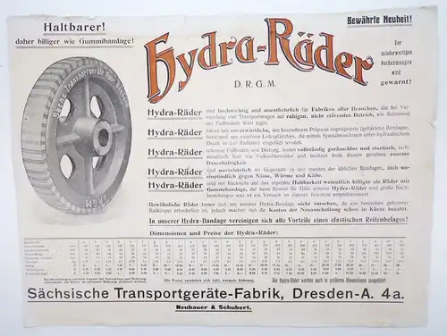 Reklame Blatt Hydra Räder DRGM Sächsische Transport Geräte Fabrik Dresden 1910er