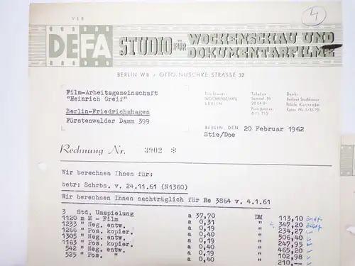 DEFA Rechnungen Film Arbeitsgemeinschaft Heinrich Greif 1962 DDR Kino